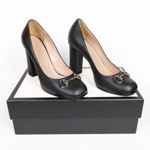 GUCCI Black Miro Soft Horsebit Pumps Block Heel Square Toe Womens EU 37.5 US 7.5